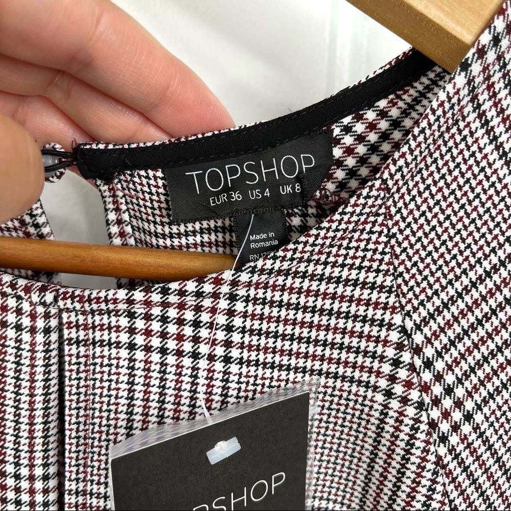 Topshop NEW Houndstooth Front Tie Plaid White Red Mini DresS Size 4 - Picture 7 of 16